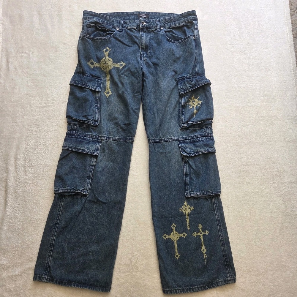 SOCIAL COLLISION Men's Indigo Crosses Cargo Pockets Blue Denim Hot Topic 36x32